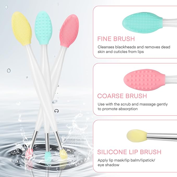 Unaone Lip Scrub Brush - 3 PCS Dual-ended Lip Scrubber Exfoliator and Silicone Lip Brush, 2-in-1 Silicone Lip Scrub Tool Lip Mask Applicator, Gentle Exfoliator & Applicator for Soft