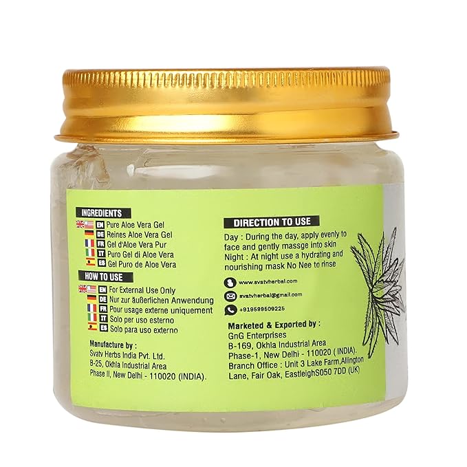 SVATV Natural Aloe Vera Gel for Face, Skin, Hair & Sunburn Relief with Cold Pressed, Vegan, Unscented Gel | Suitable for All Skin Types For Men & Women - (200g, 7.05 oz, 0.44lbs)