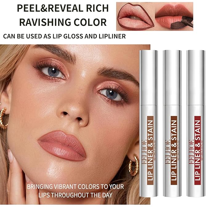 3 Colors Peel off Lip Liner Tattoo, Peel Off Lip Stain Tattoo with Matte Finish, Infused with Vitamin E, Tattoo Lipstick Long Lasting Plump Lip Makeup Gift for Women