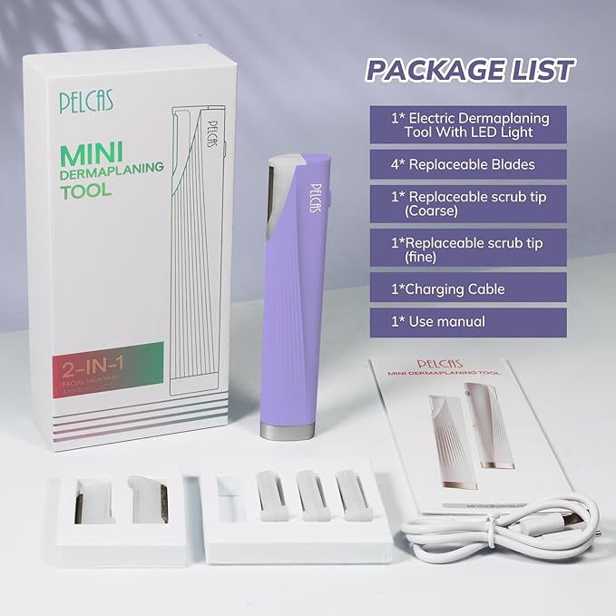 PELCAS Electric Dermaplaning Tool for Women Face with LED Light 3 Speeds Mini Dermaplaning Razor with 6 Blades, 2 in 1 Facial Peach Fuzz Hair & Exfoliation Removal System At Home BV18-712 Light Purple