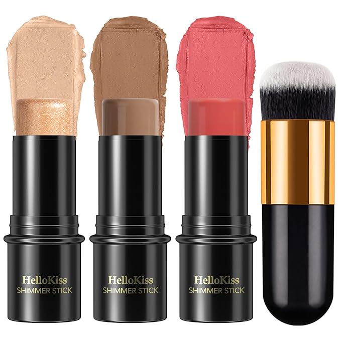 3 Pcs Face Contour Stick Kit, Matte Finish Face Stick Trio with Bronzer Blush Highlighter and Brush, Long Lasting Waterproof Cream Beauty Wand Makeup Set for Sculpt Glowing Face Look (#4, 10, 14)
