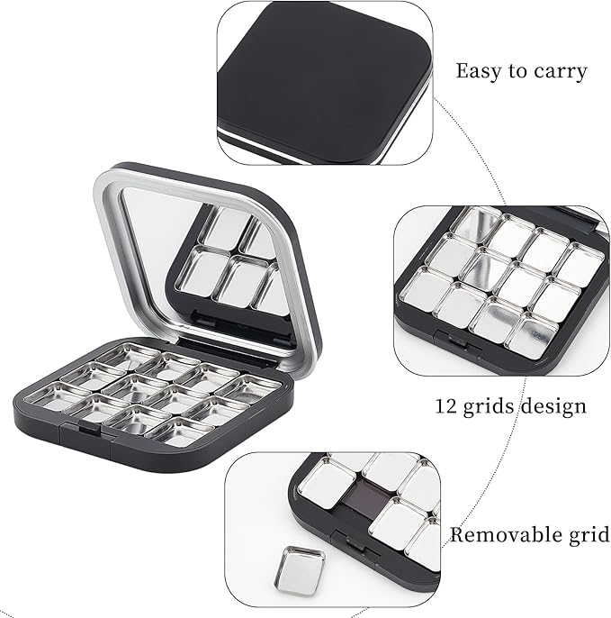 NICENEEDED 2 Pcs Empty Eyeshadow Palettes, 12 Grids Blush Pallet Makeup, DIY Lipstick Lip Balm Blusher Compact Containers Refillable Cosmetic Sample Storage Case Box with Mirror for Women