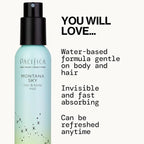 Pacifica Hair Mist Perfume & Full Body Spray for Women - Montana Sky Body Mist Fragrance w/Cedarwood, Elderflower, Black Pepper, Sage & Sandalwood Clean Beauty Alcohol-Free, Vegan & Cruelty-Free 5 oz
