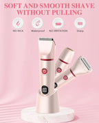 Bikini Trimmer for Women Pubic Hair: 3 in 1 Rechargeable Electric Razors with LED Display, IPX6 Waterproof Shaver for Underarm, Leg, Arm & Body (Pink)