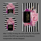 4PCS Gold Glitter Hello Gorgeous Shower Curtain Set, Watercolor Pink Floral Black and White Striped Perfume Makeup Modern Fashion Women Bathroom Decor, Non-Slip Bath Mat Toilet Rug, Hibiscus