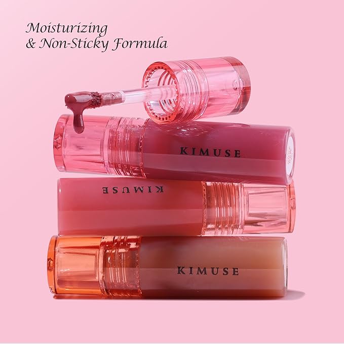 KIMUSE Gleamy Gloss Lip Stain Set, Long-lasting Lightweight Glow Lip Tint, Non-sticky Moisturizing Juicy & Glossy Finish