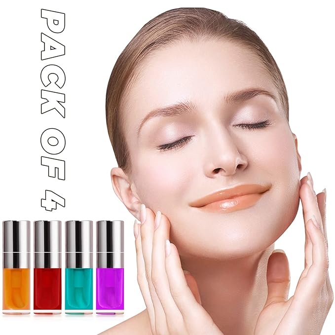 Plumping Lip Oil, 4PCS Hydrating Lip Glow Gloss Moisturizing Tinted Lip Balm Lasting Nourishing Protects Soothes, Comforts Transparent Lip Care Toot, Natural Ingredients Non-sticky Big Brush Glitter Primer Lip Tint (SET A)