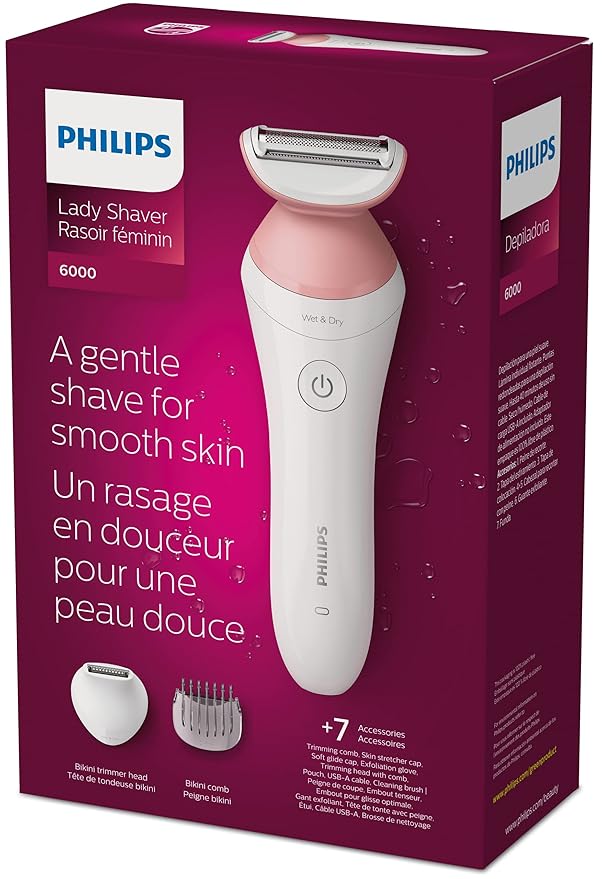 Philips Beauty Lady Electric Shaver Series 6000, Cordless with 7 Accessories, BRL146/00, White