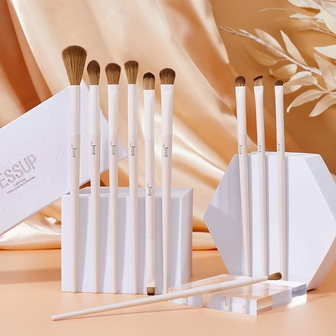 Jessup Precision Makeup Brushes 10Pcs Eye Makeup Brush Set Premium Synthetic Eyeshadow Concealer Eyeliner Eyebrow Blending Highlight Brush, Light Grey T330