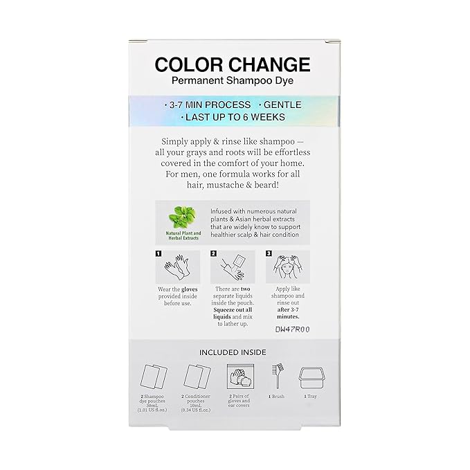 KISS Color Change Permanent Shampoo Dye, 100% Gray Coverage, Natural Plant & Herbal Extracts, All Hair Types, Moustache & Beard, 3-7 Minute Application, 4 Pre-Measured Pouches - Natural Black