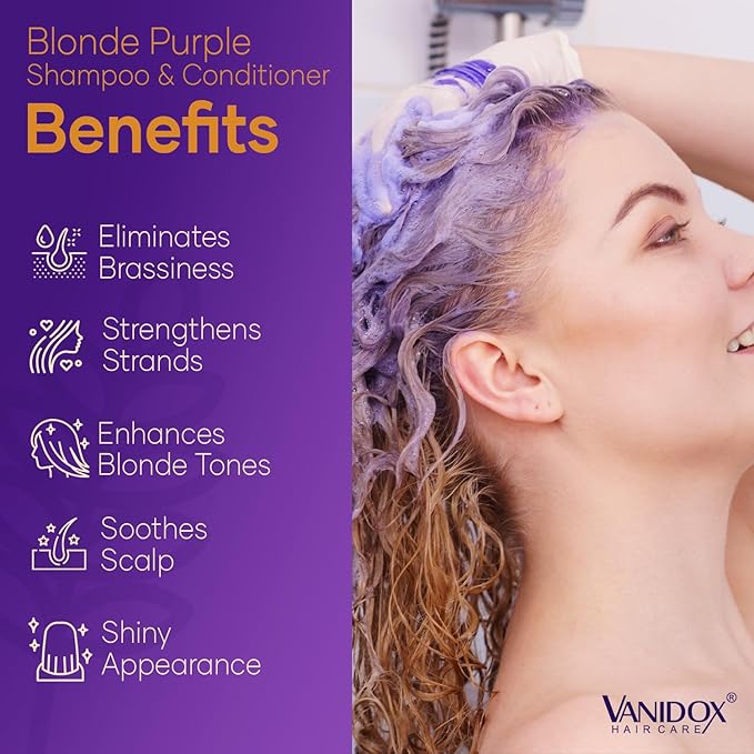 Sulfate Free Brass Toning Purple Shampoo and Conditioner Set for Blondes, Brown Highlighted, or Bleached Hair, Shampoo for Blondes Infused with Purple Rice Extract (16 fl oz each)