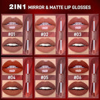 Matte Liquid Lipstick Set, 6 Colors 2-In-1 Mirror Glosses