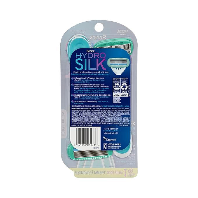 Schick Hydro Silk Sensitive Women's Disposable Razors, 6ct | 5-Blade Disposable Razors for Women Sensitive Skin | Travel Razor for Women