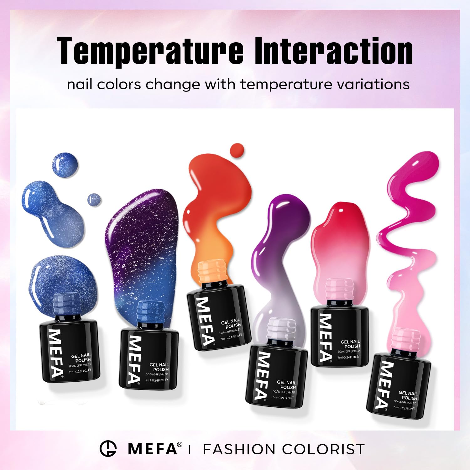 MEFA Color Changing Gel Nail Polish Set 6 Colors, Temperature Mood Changed Glitter Blue Pink Purple Red Orange Ombre Soak Off Nail Art Design Kit Manicure Home DIY Gifts for Women Girls
