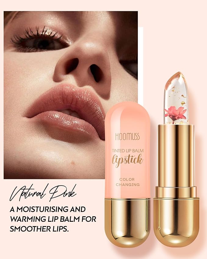 Tinted Lip Balm, Flower Lipstick Tinted Lip Gloss Long Lasting PH Lipstick, Color Changing Lipstick Natural Chapstick, Glitter Pink Shade Lipstick, Pink Flower