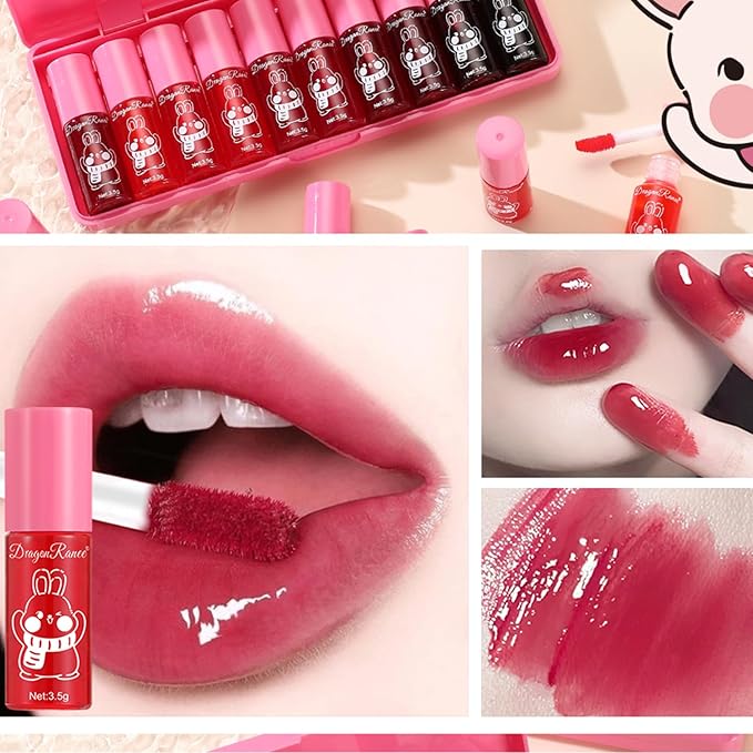 Eakroo 10 Colors Lip Tint Stain Set, Korean Lip Gloss Watery Lip Stain Moisturizing Mini Liquid Lipstick Set, Multi-Use Lip and Cheek Tint, Non-Stick Cup, High Pigment, Long-Lasting, Vivid Color