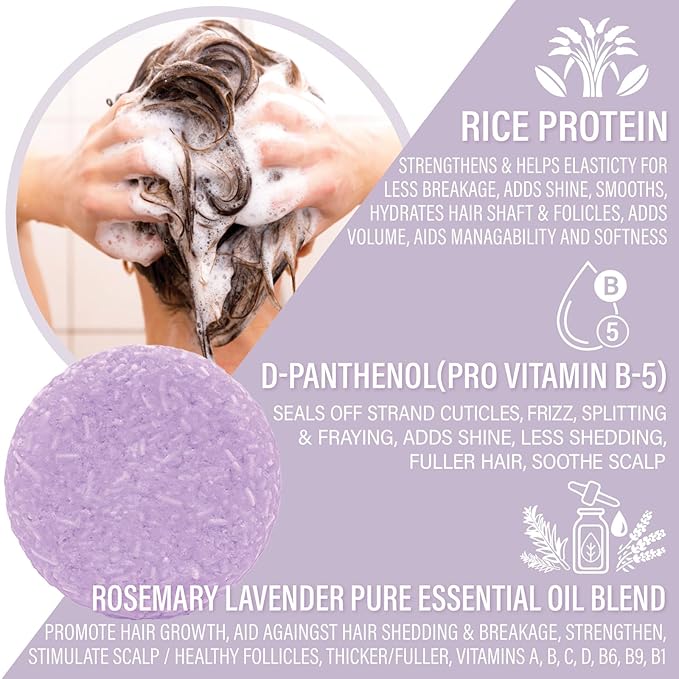 Rosemary Lavender Volumizing Shampoo Bar, Vegan, Sulfate-Free, Made in the USA, with Rice Protein for Fine Hair, Eco-Friendly, Plastic-Free, Up to 60 Washes