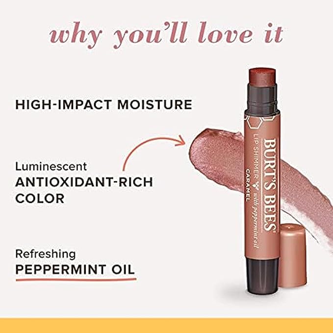 Burt's Bees Shimmer Lip Tint Set, Tinted Lip Balm Stick, Moisturizing for All Day Hydration with Natural Origin Glowy Pigmented Finish & Buildable Color, Caramel (4-Pack)