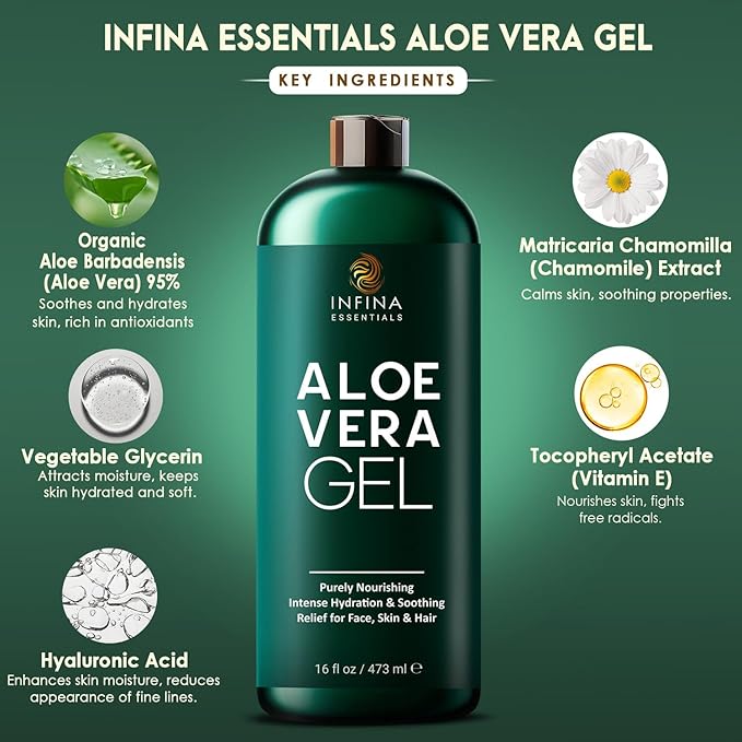 Pure Aloe Vera Gel for Face, Hair & Skin - Soothing Aloe Gel for Sunburn Relief - Made with Organic Aloe Vera Gel 95%, Chamomile & Vit E, for All Skin Types - 16 fl oz