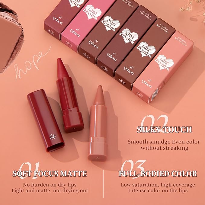 Jolilab 6PCS Lip Liner Lipstick Mini Set, Gradient Matte Nude Velvet Lip Liner Pencil High Pigmented Long Lasting Natural Smooth Lip Makeup Easy-to-Use Crayon Form and Cone Tip