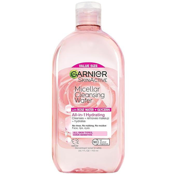 Garnier Micellar Water with Rose Water and Glycerin, Hydrating Facial Cleanser & Makeup Remover, For All Skin Types, Vegan, Cruelty Free, 23.7 Fl Oz (700mL), 1 Count