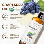 Organic Grapeseed Oil 16Oz: 100% Pure&Natural ColdPressed Carrier Oil USDA Certified Grape Seed Extract HexaneFree Unscent Liquid Moisturizer,Massage Body Face Oil for Women&Men Face Skin&Hair