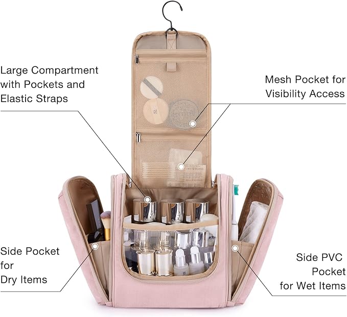 BAGSMART Extra Large Toiletry Bag Hanging Toiletry Bag for Travel, Water-resistant Cosmetic Makeup Large Capacity Bag Organizer for Full Sized Toiletries, Pink