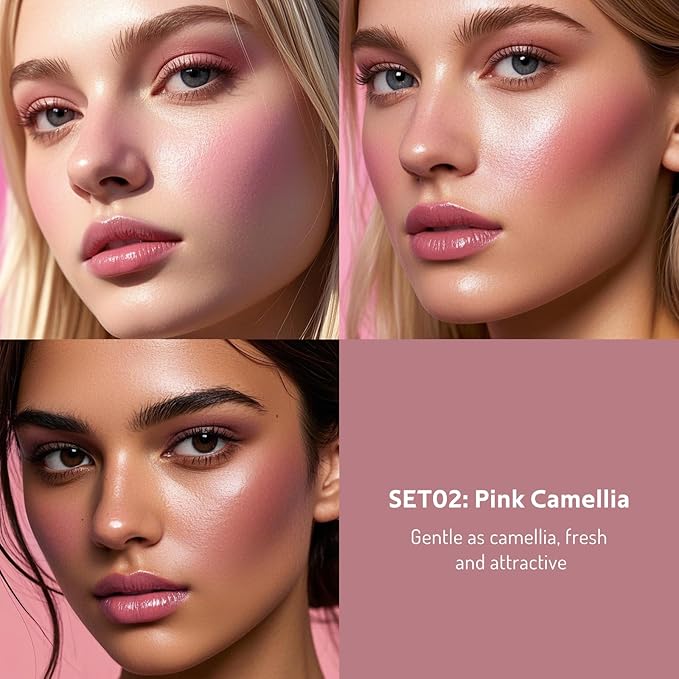 Multi Cream Blush & Blush Brush Set, Korean Makeup Blush for Cheeks, Multi-Use Face Balm, Lightweight & Hydrating, Blendable Color, Non-Greasy, Soft Bristles for Radiant Finish (Pink Camellia)