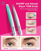 Expert Slant and Point Tip Tweezer Set with Exclusive Storage & Carrying Case, GlamTweeler Sharp & Precision Tweezer Set for Eyebrows, Facial Hairs & Fine Hairs Removal (Sparkle Mint Green + Silver)