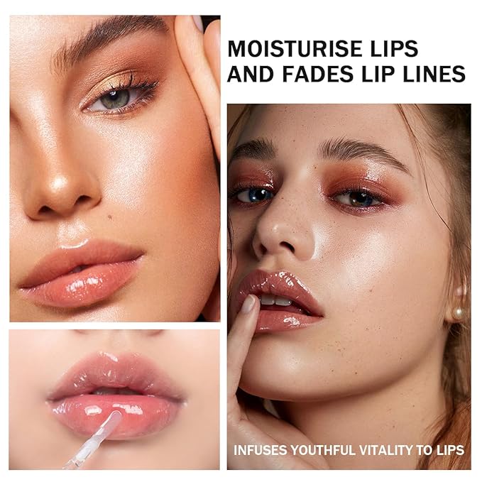 4 Pcs Plumping Lip Oil, Moisturizing Hydrating Lip Glow Oil Fruit Big Brush Head Lip Gloss Kit Smooth Glossy Finish Tinted Lip Balm, Non-sticky Fresh Texture