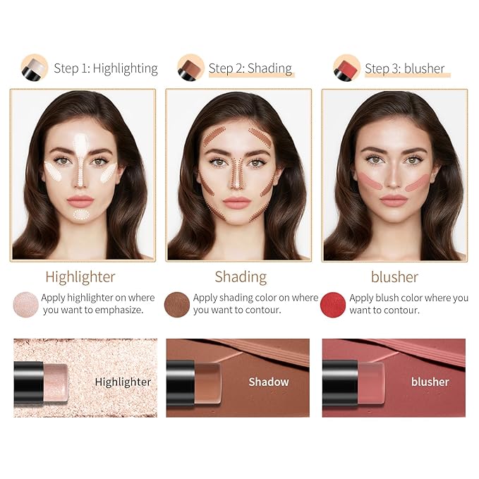 3Pcs Cream Contour Stick, with Highlighter Stick Bronze