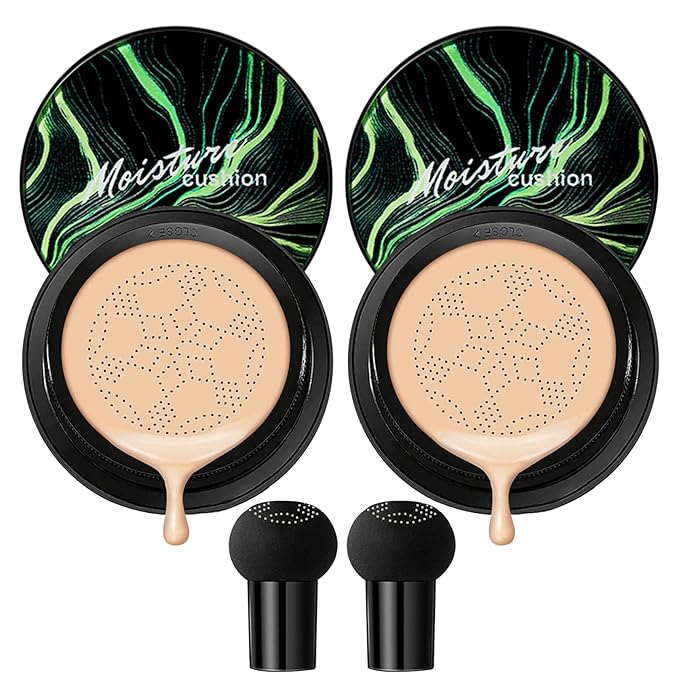 2Pcs Mushroom Head Air Cushion CC Cream, Long Lasting Oil Control BB Cream for All Skin Types, Moisturizing Foundation Face Makeup Set with Foundation Brush (#Natural)