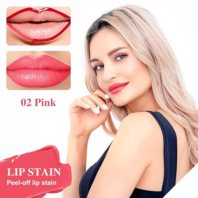 Lip Stain - Lip Stain Peel Off Long-Lasting with Matte Finish Waterproof & Transfer-Proof, Lip Liner Moisturizing & Nourishing Non-Stick Cup Highly Pigmented Color Lip Tint (02 Pink)