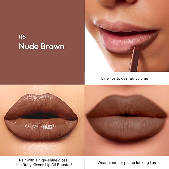 Ruby Kisses Plumping Effect Lip Liner, Semi Matte, Smudge Proof, High Pigment, Medium to Full Coverage Makeup, Precise Tip, Bold Color Lip Plumper