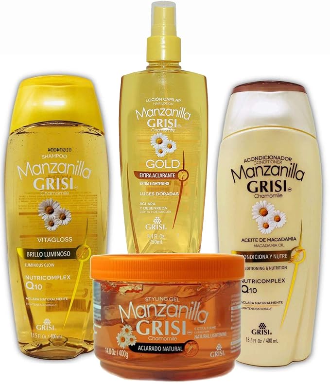 Manzanilla Grisi Premium Bathroom Bundle - Styling Gel, Gold Lightener and Detangler, and a Chamomile Conditioner + Shampoo Set