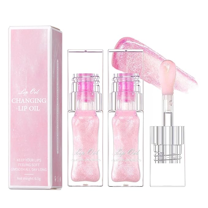 2PCS Magic Color Changing Lip Oil - Big Brush, Long Lasting Shimmery, Warm Change Hydrating Lip Gloss