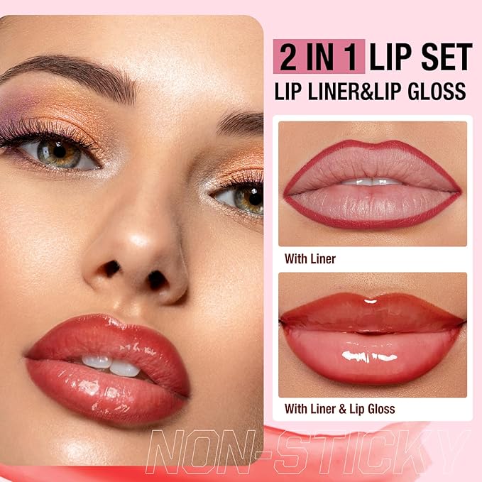 Jolilab Matte Lip Liner Lip Oil Set, Lip Makeup Set Natural Smooth Long-Lasting And Hydrating Beauty Daily Cosmetics Gift for Girls Easy-to-Use（8pcs）