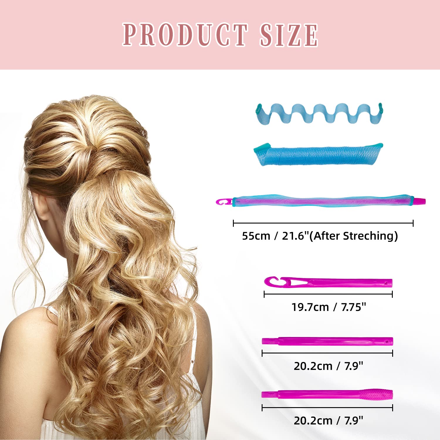 30pcs Heatless Hair Curlers Rollers Wave Curls Styling Kit with 2 Sets Styling Hooks,No Heat Hair Curlers Spiral Curlers for Long Hair 21.8”(55 cm)…