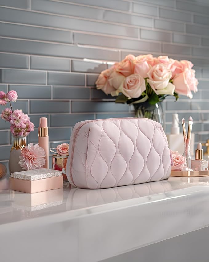 BAGSMART Makeup Bag, Travel Cosmetic Bag, Puffy Padded Make Up Bag for Women, Makeup Organizer Case, Wide-open Pouch Purse, Travel Essentials, Toiletries Accessories Brushes, Dark Pink