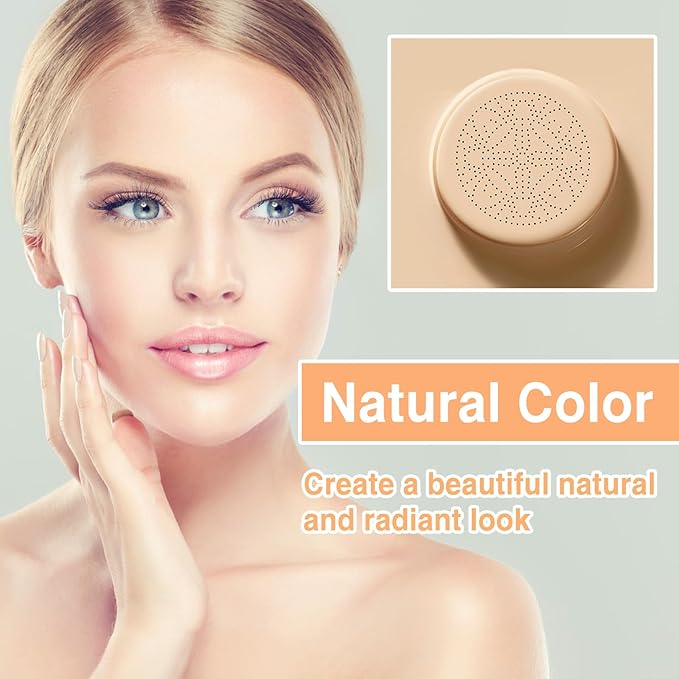 2Pcs Mushroom Head Air Cushion CC Cream, Long Lasting Oil Control BB Cream for All Skin Types, Moisturizing Foundation Face Makeup Set with Foundation Brush (#Natural)