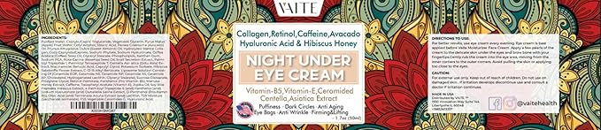 Under Eye Cream with Collagen, Retinol, Caffeine, Avacado Hyaluronic Acid & Hibiscus Honey for Night and Day with Vitamin B5, E for Puffiness Circles Anti Aging Eye Bags and Anti Wrinkle