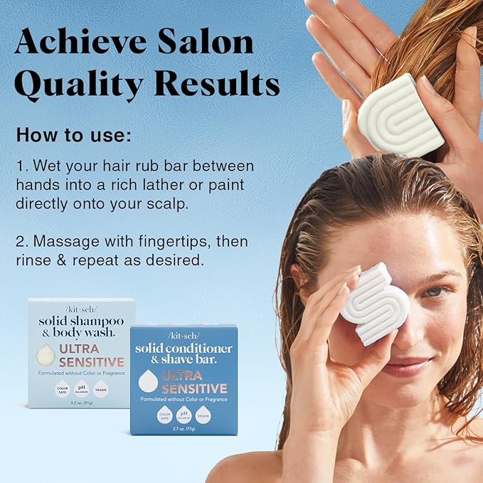 Kitsch 2-in-1 Ultra Sensitive Shampoo Bar & Body Wash + Conditioner Bar & Shaving Soap – Fragrance-Free Bar Soap for Sensitive Skin & Scalp - For Healthy, Radiant Hair and Skin - Made in USA – 2pcs
