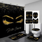 4PCS Unicorn Eyelash Shower Curtain Set, Luxury Gold Glitter Eyebrow Makeup Confetti Hello Gorgeous Glam Modern Fashion Black Women Bathroom Decor, Non-slip Bath Mat Toilet Rug, Gold Eyelash