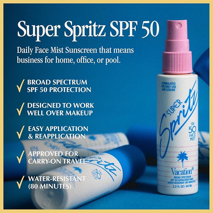 Vacation Super Spritz SPF 50 Face Mist, Daily Face Sunscreen Spray, Clean & Lightweight, Water-Resistant, Non-Comedogenic, Vegan, Travel Size, 2.2 Fl. Oz. (Value Pack of 3)
