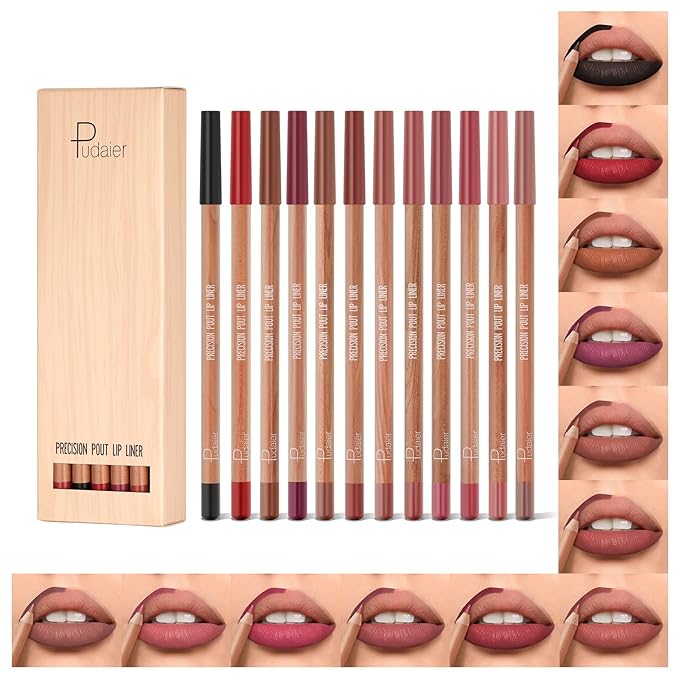 Lip Liner Set, 12Pcs Pure Natural Oak Brown Pink Red Series Lip Liners, Smooth and High Pigmented Lip Makeup Pencil