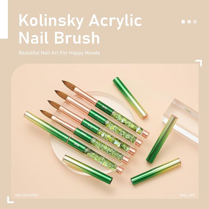 Acrylic Nail Brush Size #14, KEMEISI 100% Pure Kolinsky Nail Art Brushes Sturdy Handle Oval Shaped Acrylic Powder Nail Design Tools for Professional Manicure DIY Home Salon (Green)