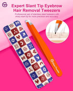 Expert Eyebrow Hair Removal Tweezer with Leather Case, GlamTweeler High Precision Slant Tip Stainless Steel Tweezers for Men and Women (Orange)