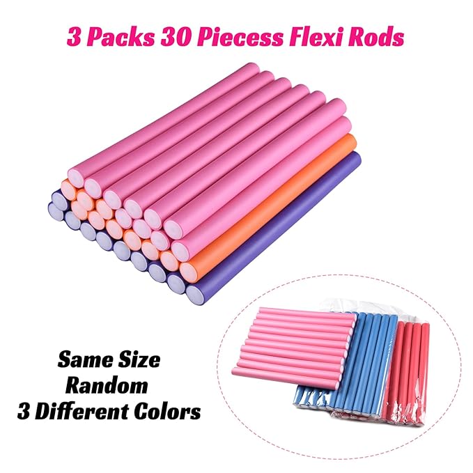 30PCS 9.45" Flexible Foam Curling Rods, Twist Heatless Hair Rollers for Women, Girls, Long and Short Hair, Sleep-In (0.71 x 9.45 Inch, Random Color)