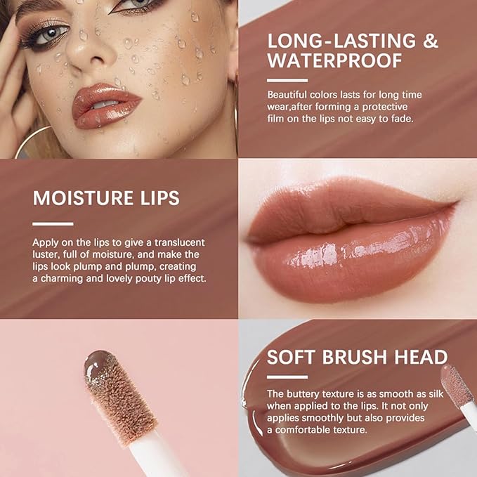 3 Colors Lip Butter Gloss, Hydrating Lip Glow Oil Lip Glaze, Brown Sugar Nourishing Lip Tinted Gloss Lip Care, Non-Sticky Long Lasting Lip Plumper Gloss Makeup (4+11+13)