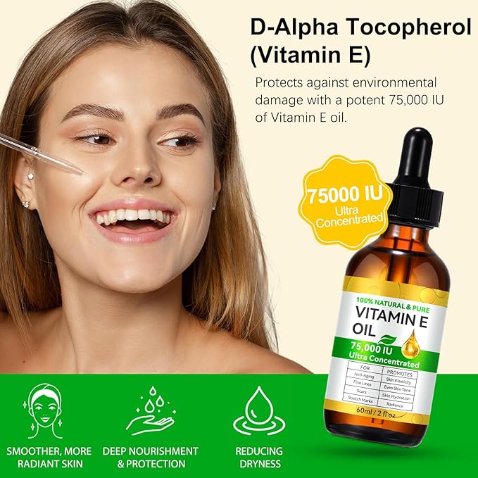 2PCS Natural Vitamin E Oil for Skin, 75,000 IU Ultra Concentrated Vitamin E Oil for Face, Hair and Scars, Moisturizing Dry Skin Oils, Promotes Skin Elasticity